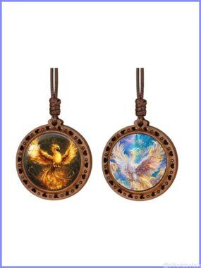 Matching Phoenix Pendant Necklace Set Wood Glass Adjustable Leather Cord